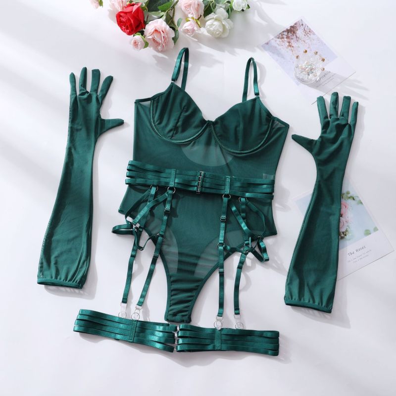 Women's Sexy One-Piece Bodysuit with Gloves and Bandage See-Through Mesh Suit Green black jasper