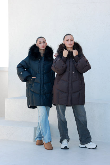 Celeste Genuine Fur Trim Down Fill Coat in Fig