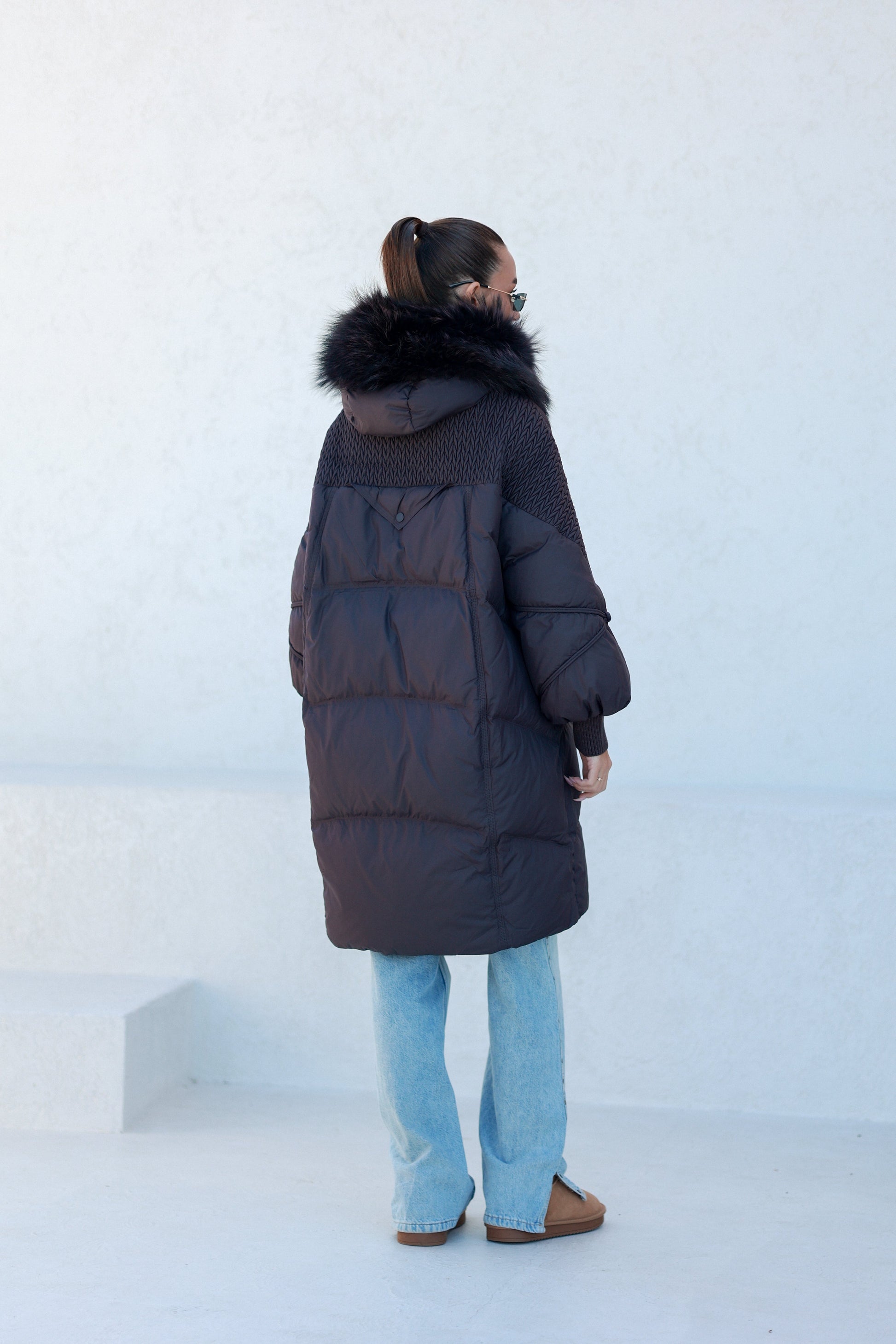 Dakota Genuine Fur Trim Down Fill Coat in Fig