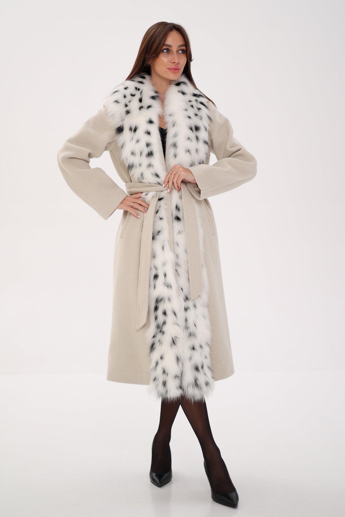Genuine Arctic Fox Virgin Wool Wrap Coat Ivory
