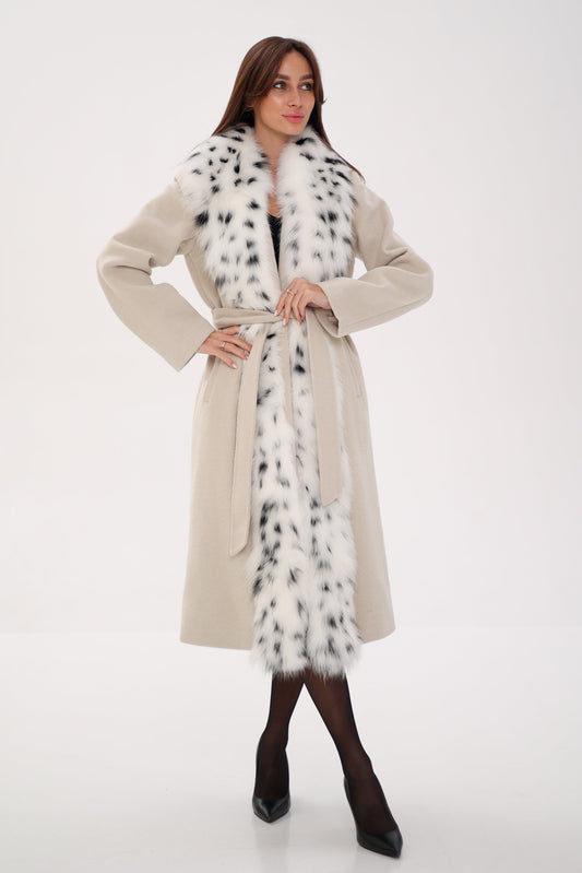 Genuine Arctic Fox Virgin Wool Wrap Coat Ivory