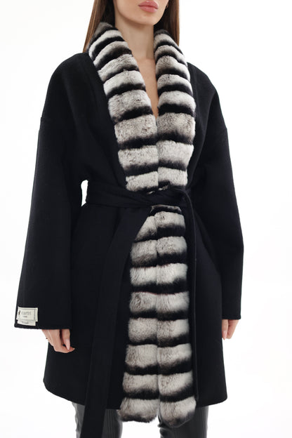 Genuine French Orylag Fur Italian Cashmere Wool Coat 85cm