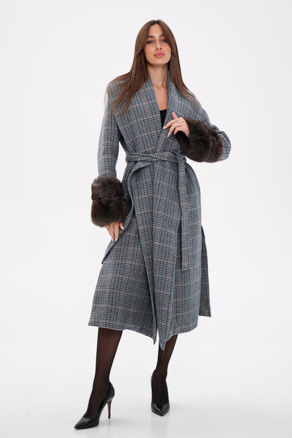 Genuine Polar Fox Fur Virgin Wool Wrap Coat Plaid