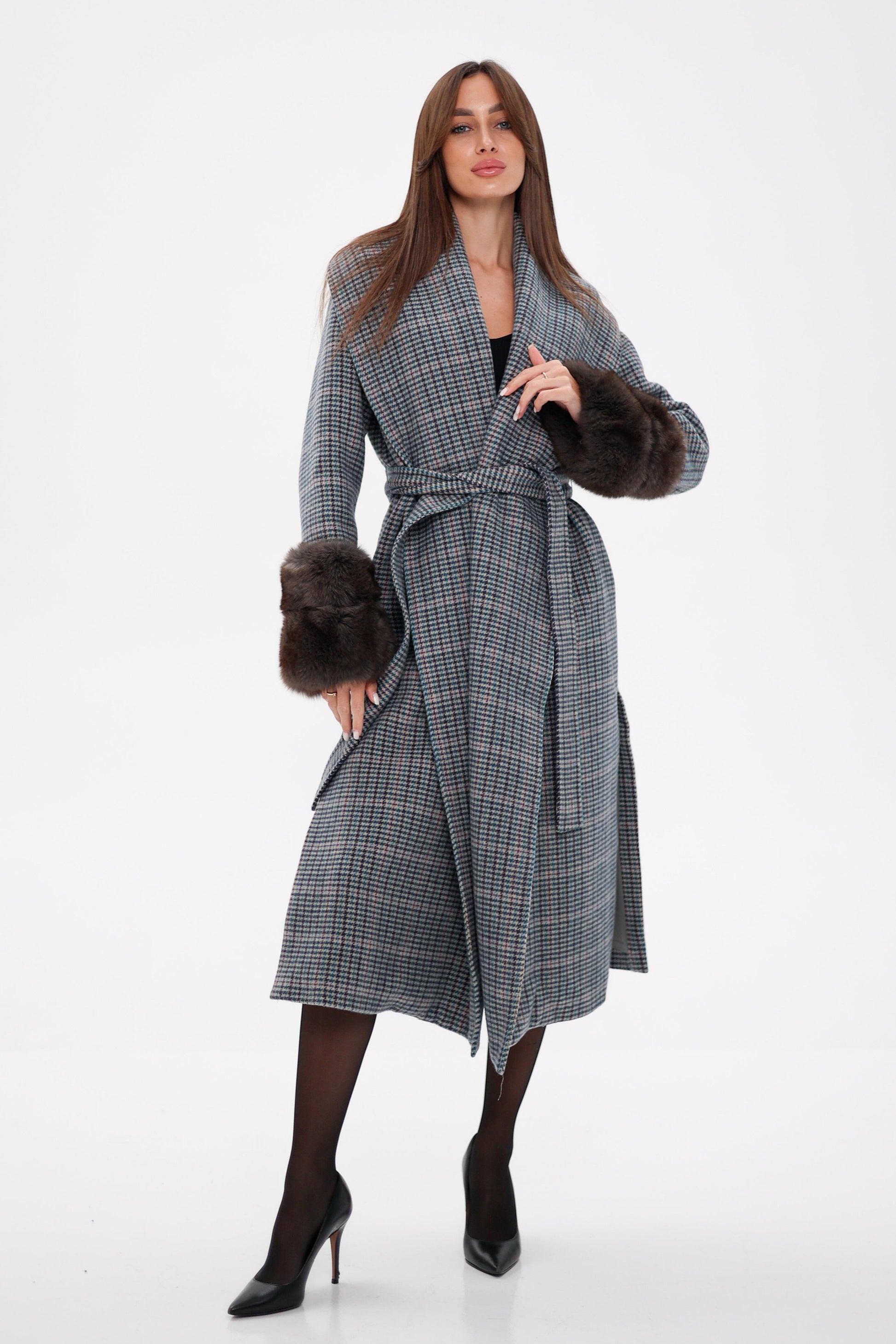 Genuine Polar Fox Fur Virgin Wool Wrap Coat Plaid