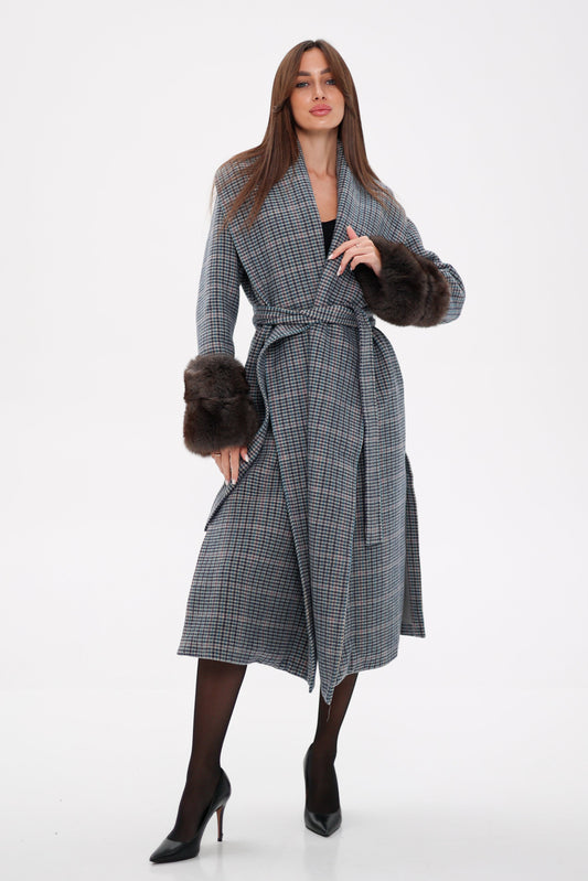 Genuine Polar Fox Fur Virgin Wool Wrap Coat Plaid