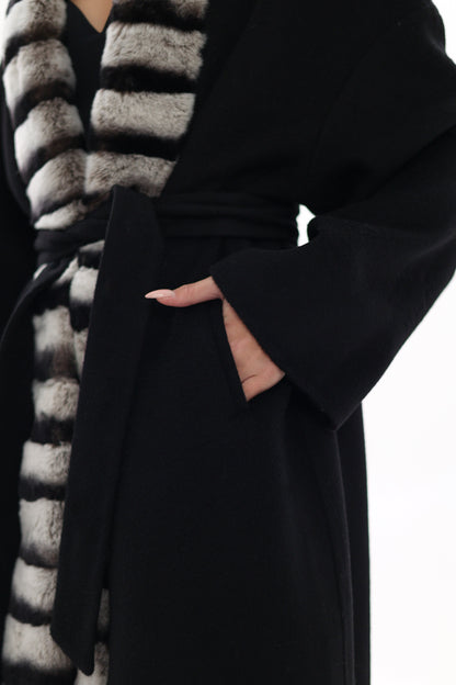 Genuine French Orylag Fur Italian Cashmere Wool Coat 85cm