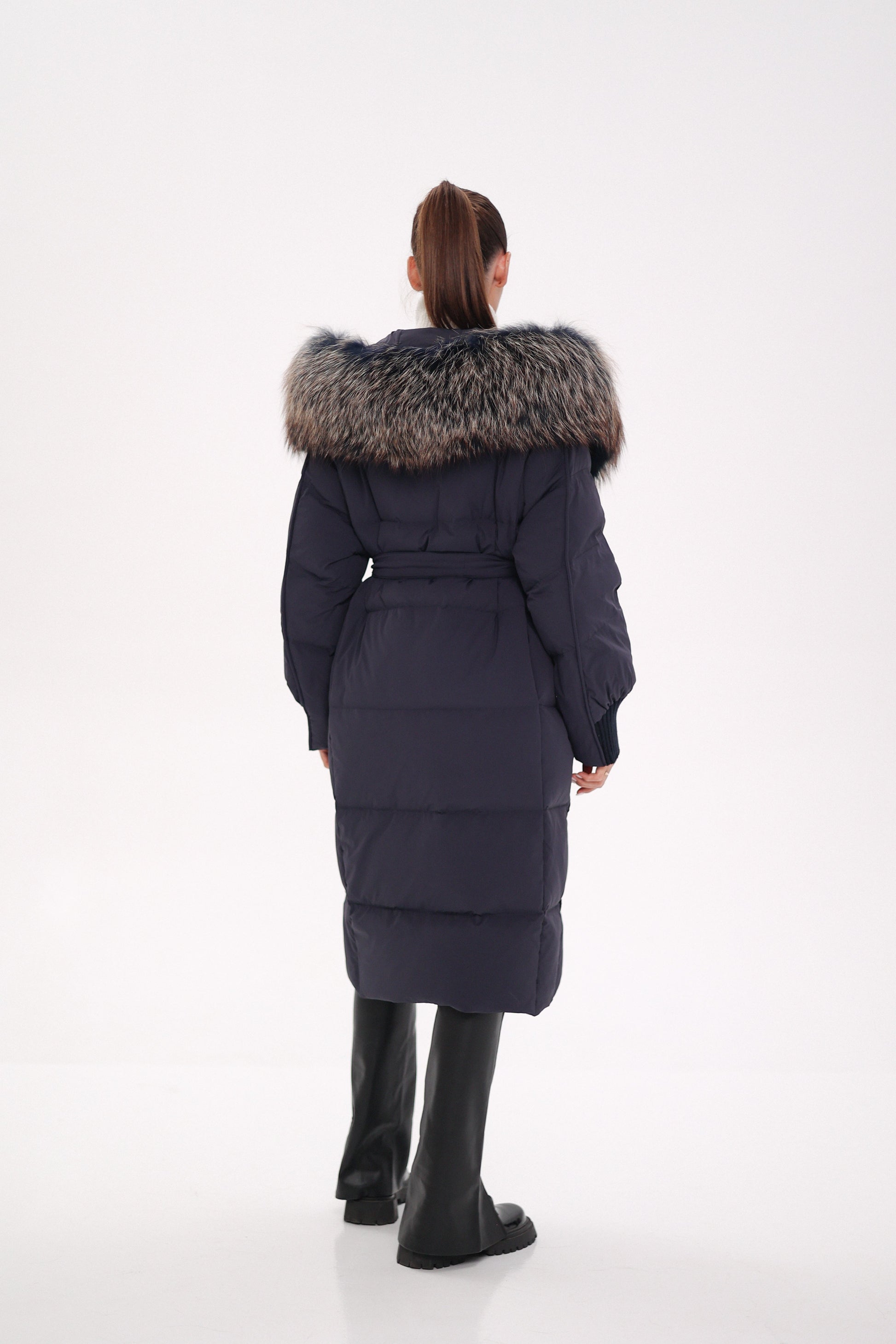 Rei Genuine Fur Trim Hooded Down Coat in Navy