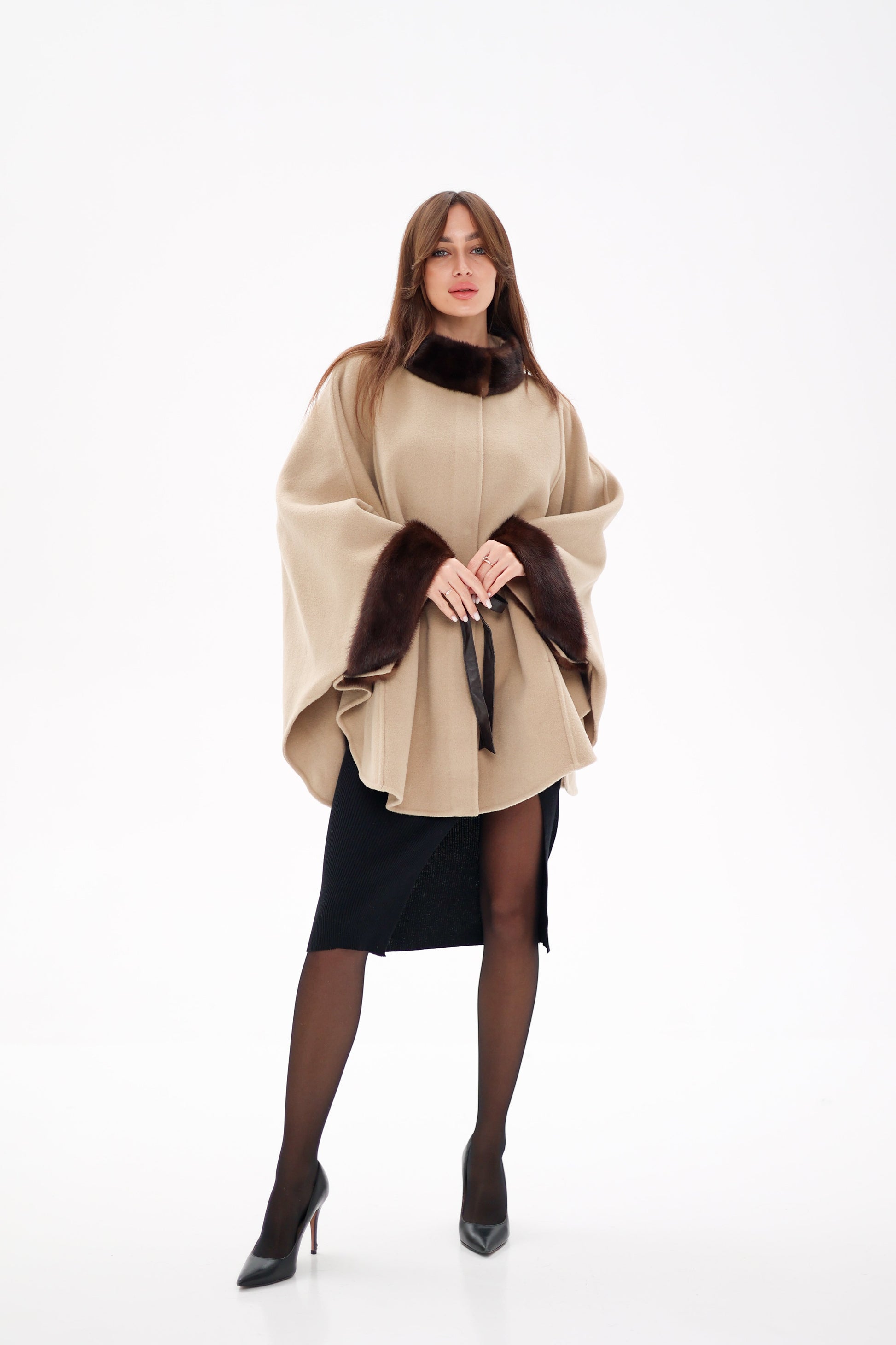 Genuine Scandinavian Mink Fur Double Face Wool Poncho