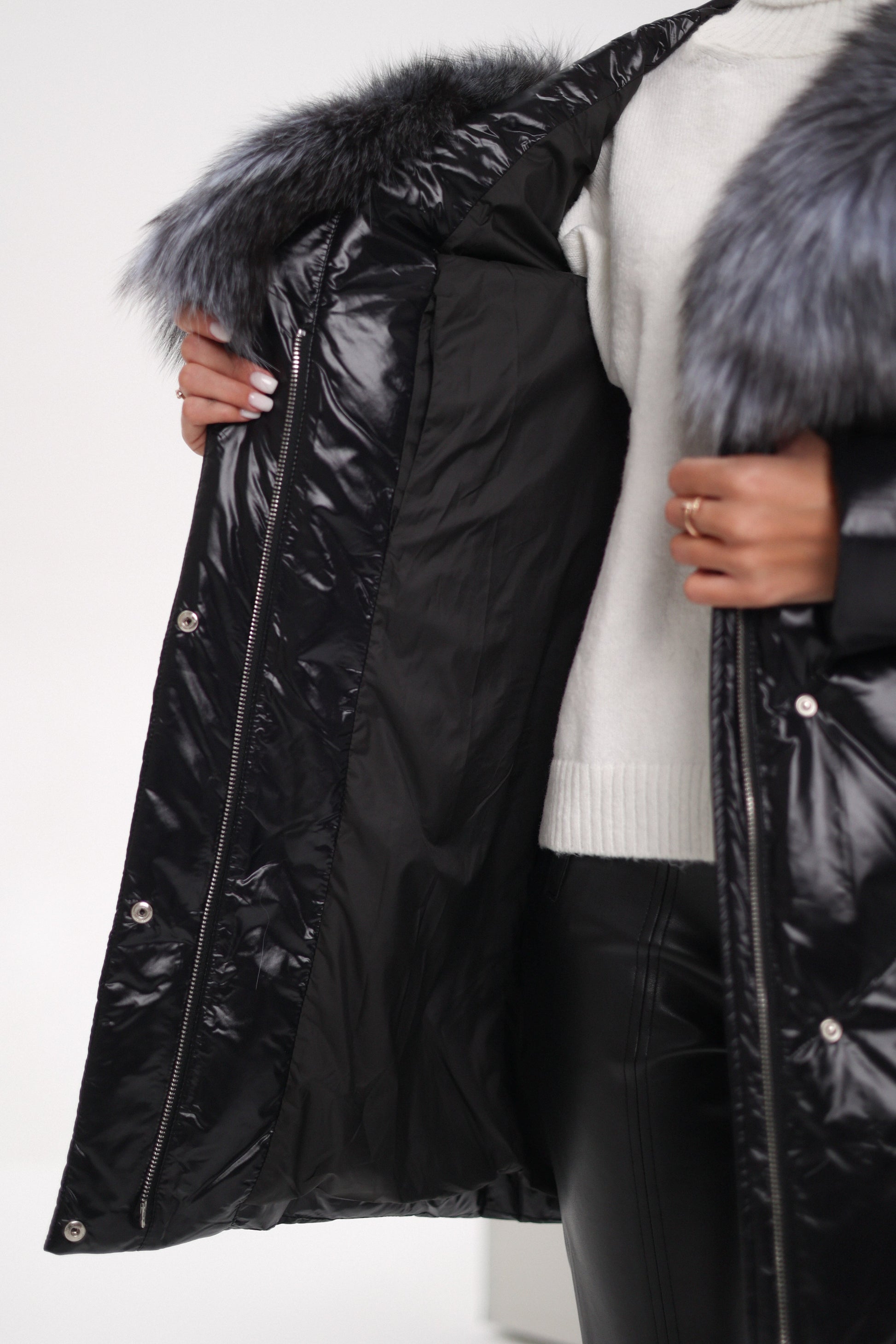 Genuine Silver Fox Fur Down Fill Coat