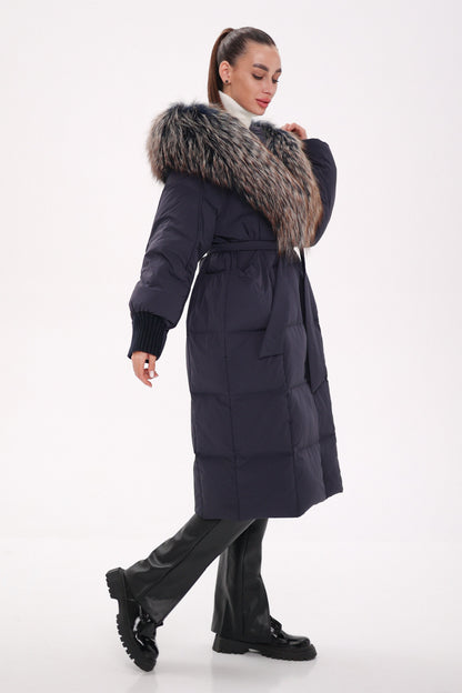 Rei Genuine Fur Trim Hooded Down Coat in Navy