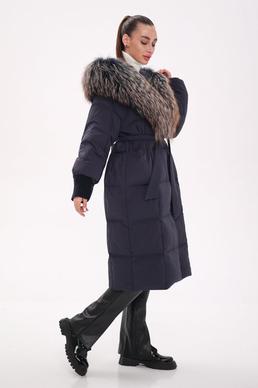 Rei Genuine Fur Trim Hooded Down Coat in Navy