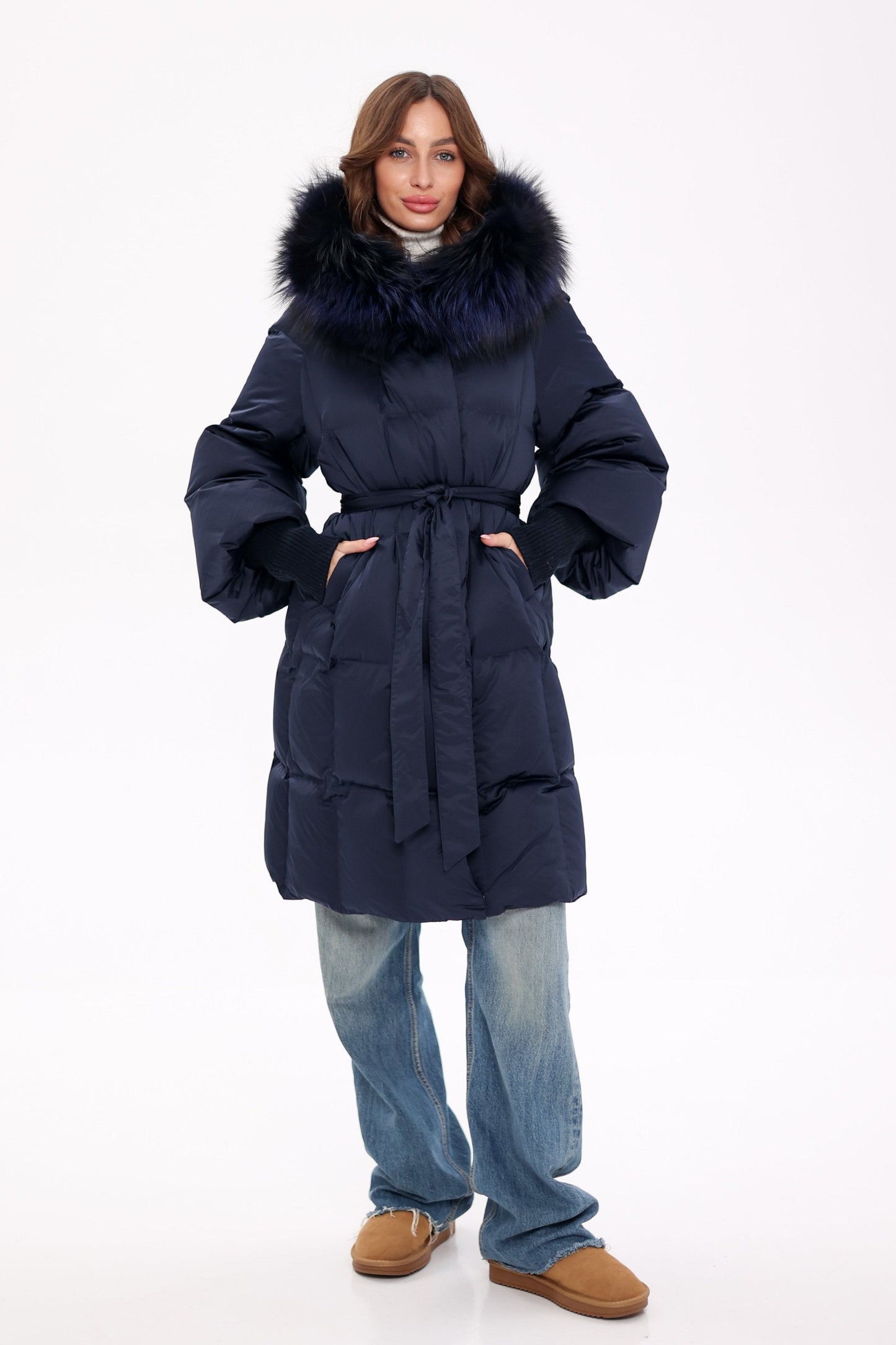 Genuine Fox Fur Trim Down Coat in Royal Blue