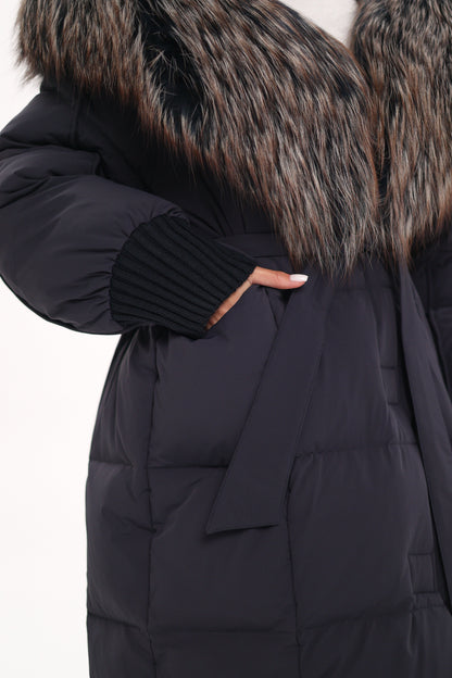 Rei Genuine Fur Trim Hooded Down Coat in Navy