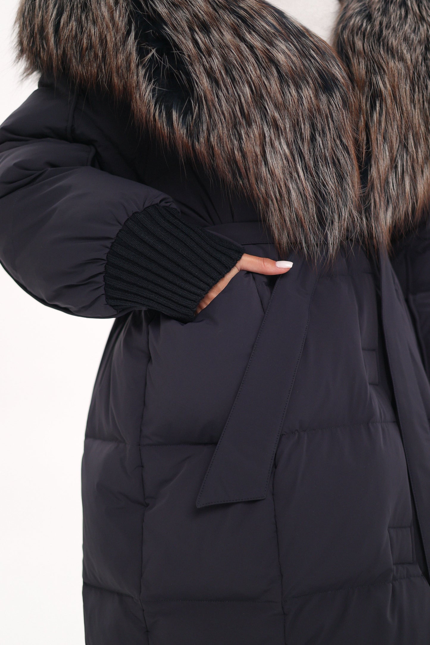 Rei Genuine Fur Trim Hooded Down Coat in Navy