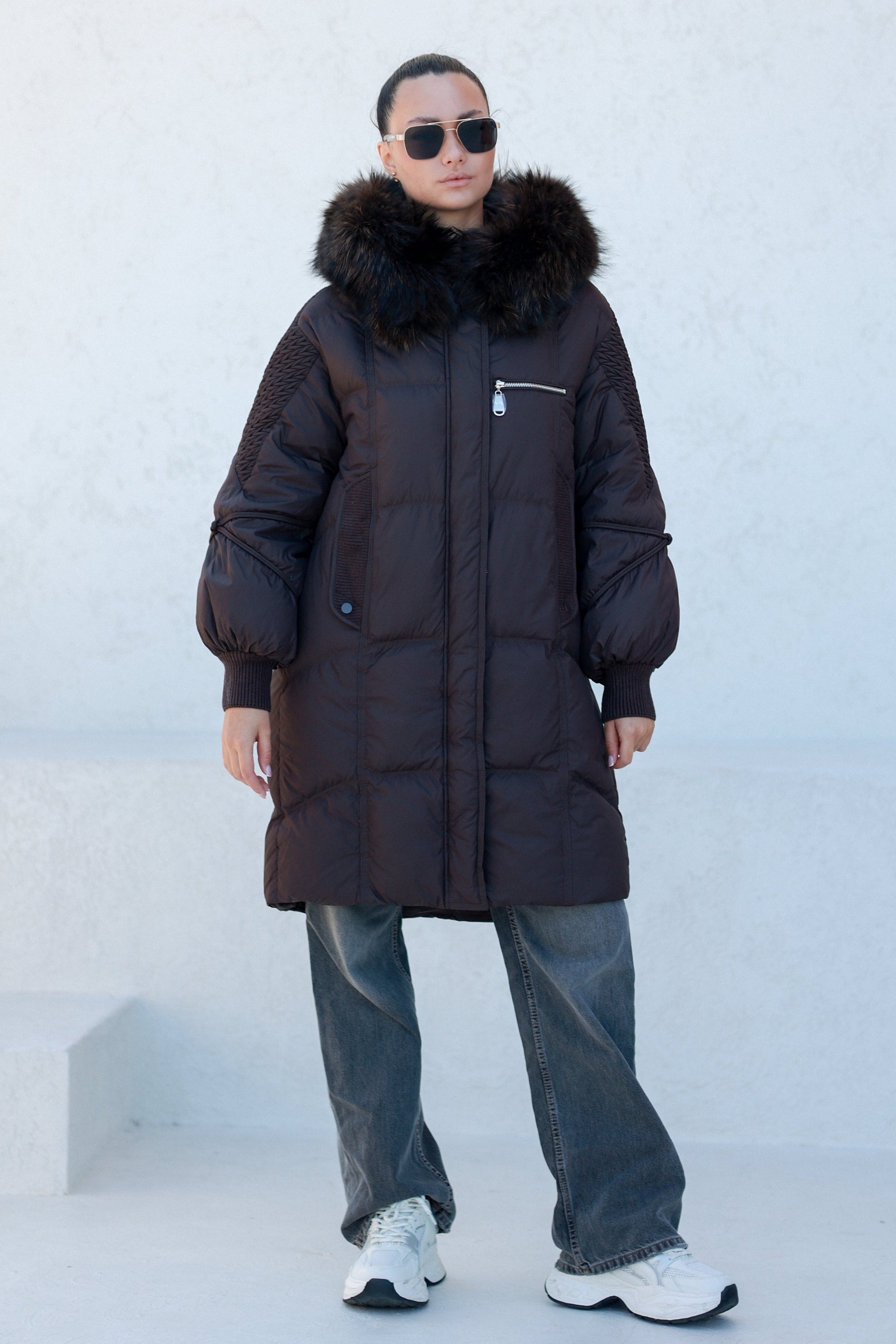 Dakota Genuine Fur Trim Down Fill Coat in Chocolate Chocolate