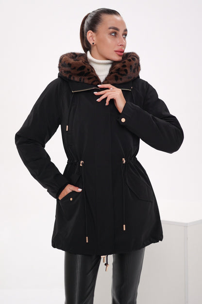 Genuine Scandinavian Mink Fur Parka with Rabbit Fur Insulation Black