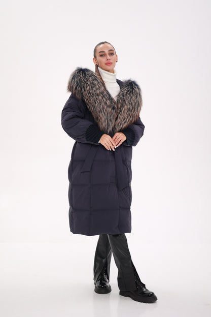 Rei Genuine Fur Trim Hooded Down Coat in Navy