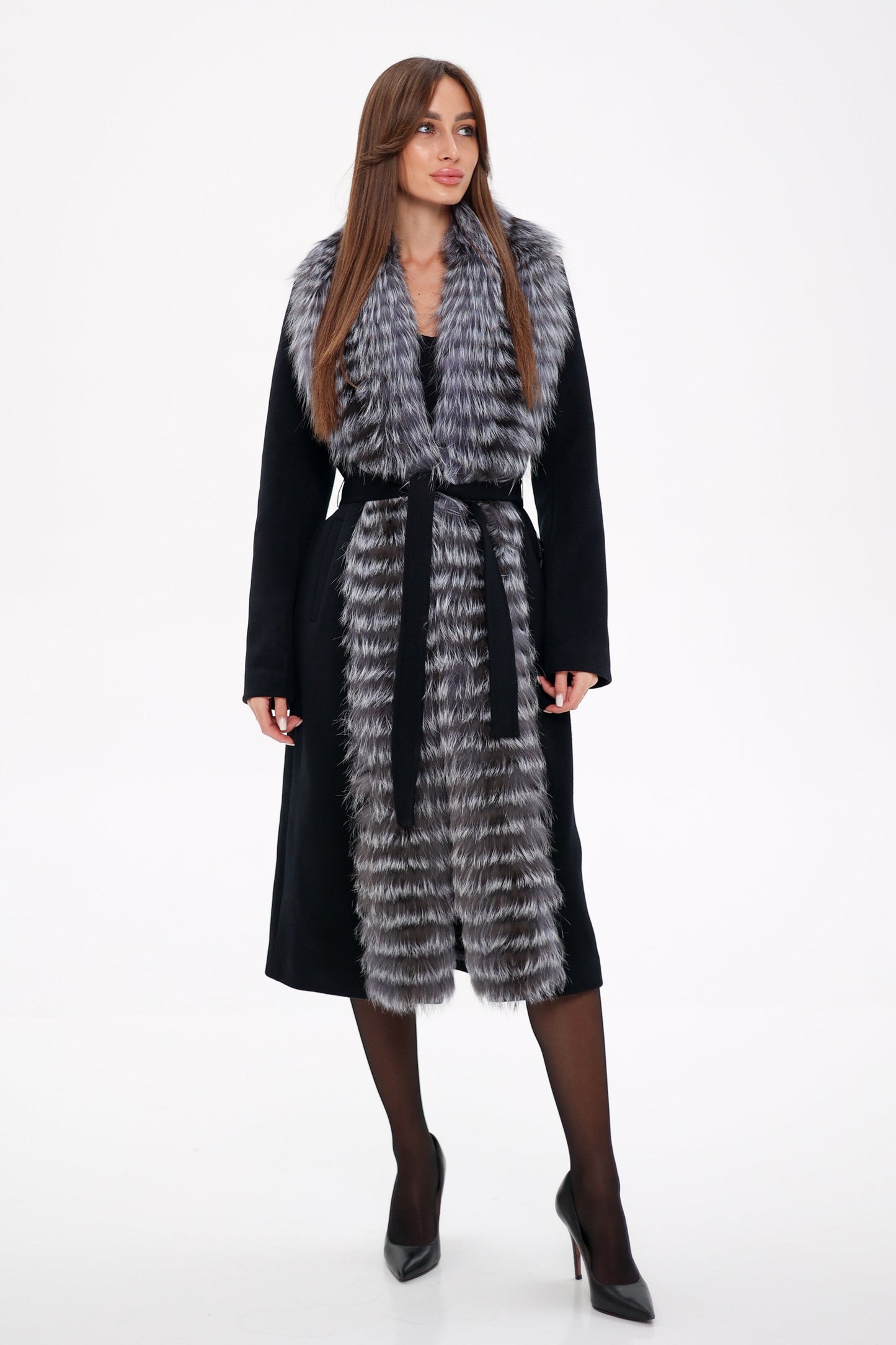 Genuine Silver Fox Virgin Wool Wrap Coat in Black Black