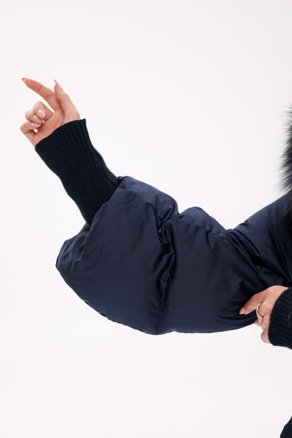 Genuine Fox Fur Trim Down Coat in Royal Blue