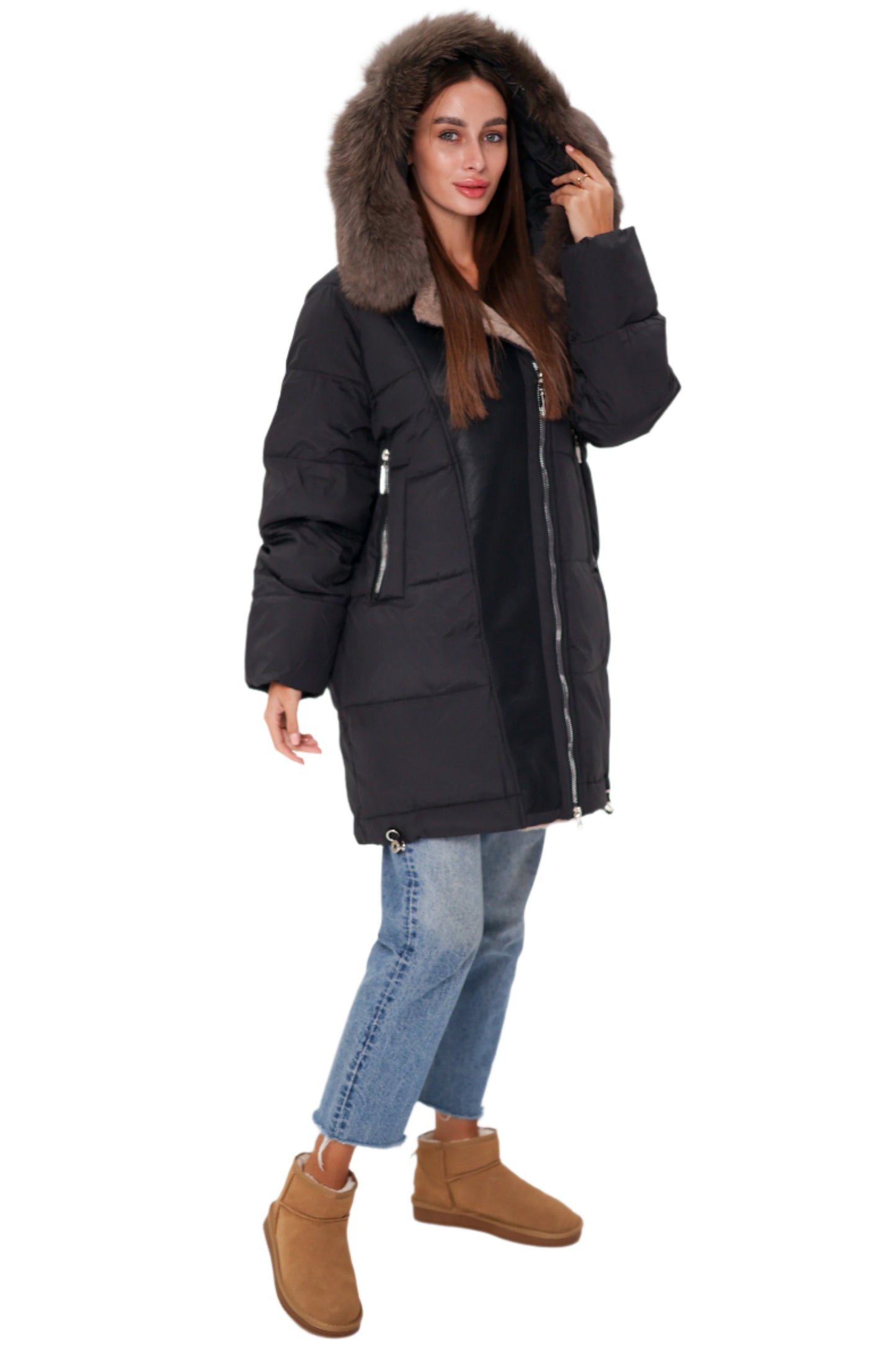 Genuine Polar Fox Insulated Coat Black