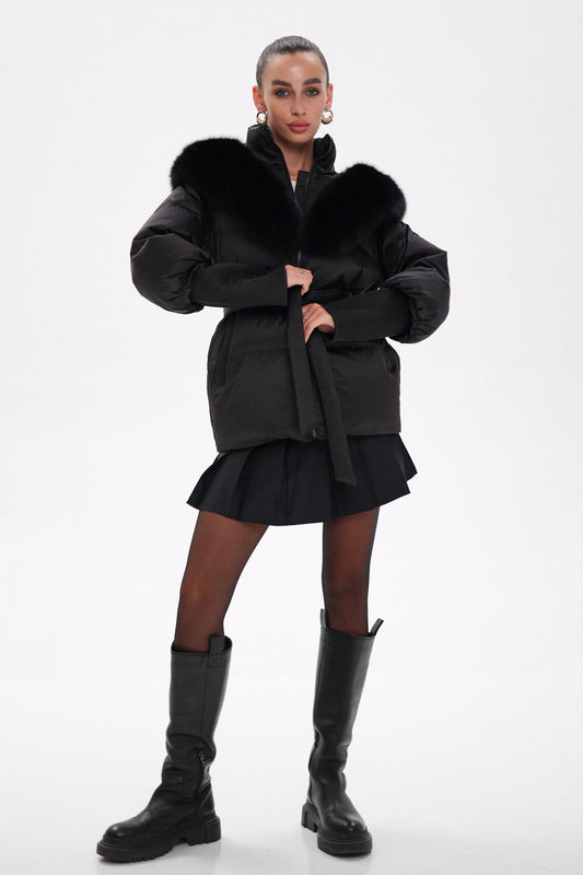 Amanda Genuine Fur Trim Down Fill Coat Black