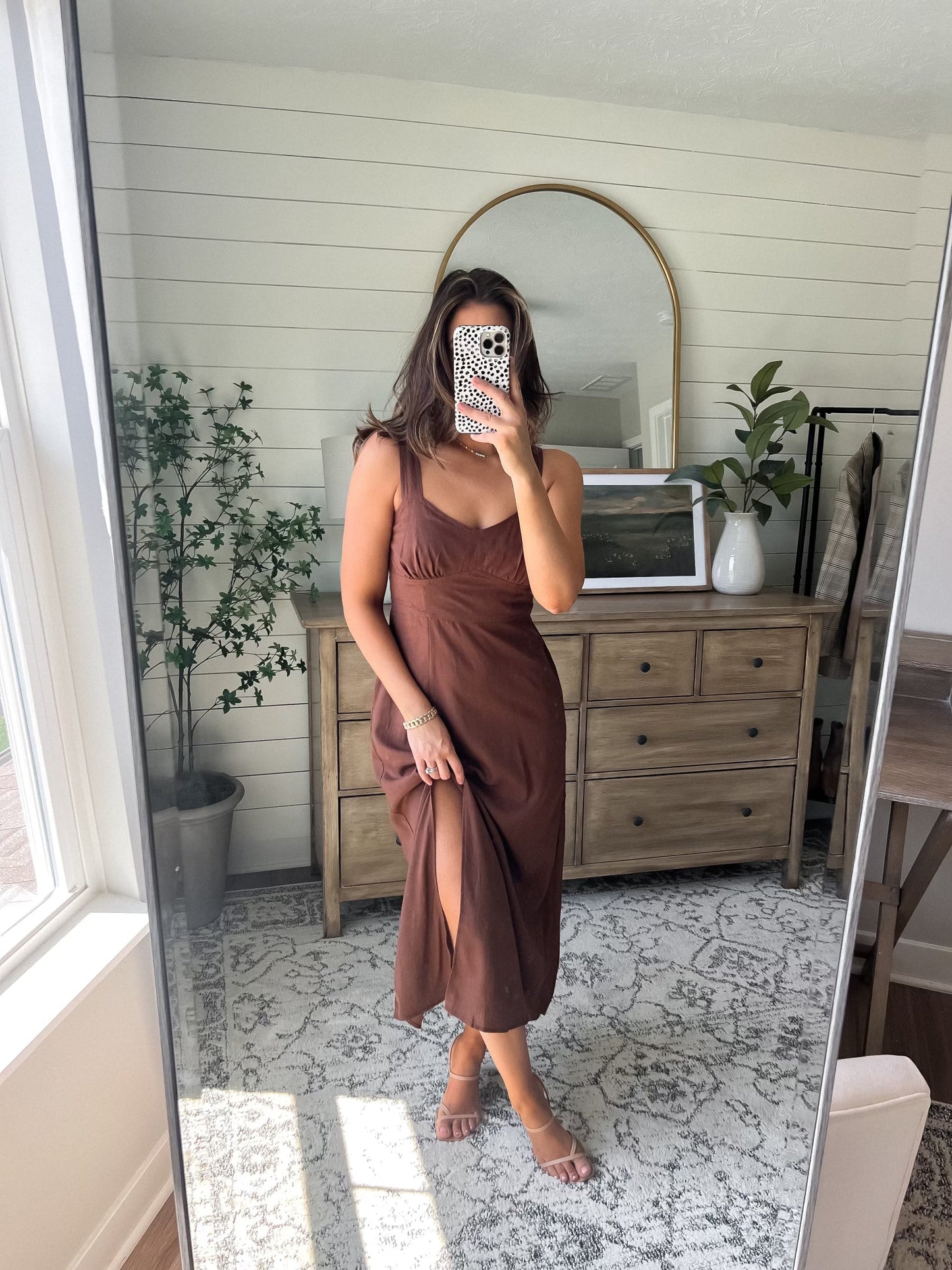 Brown V Neck Linen Midi Dress