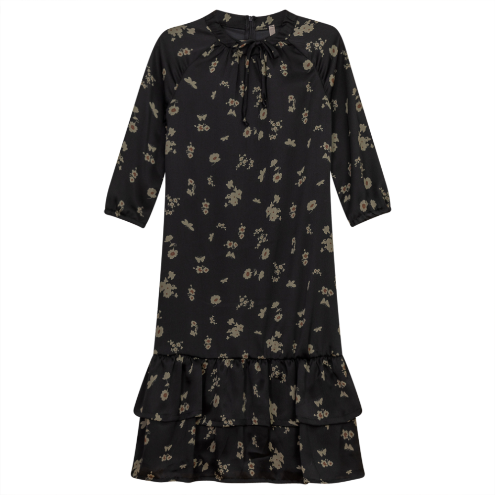 Layered Dress With String Bow Black Floral