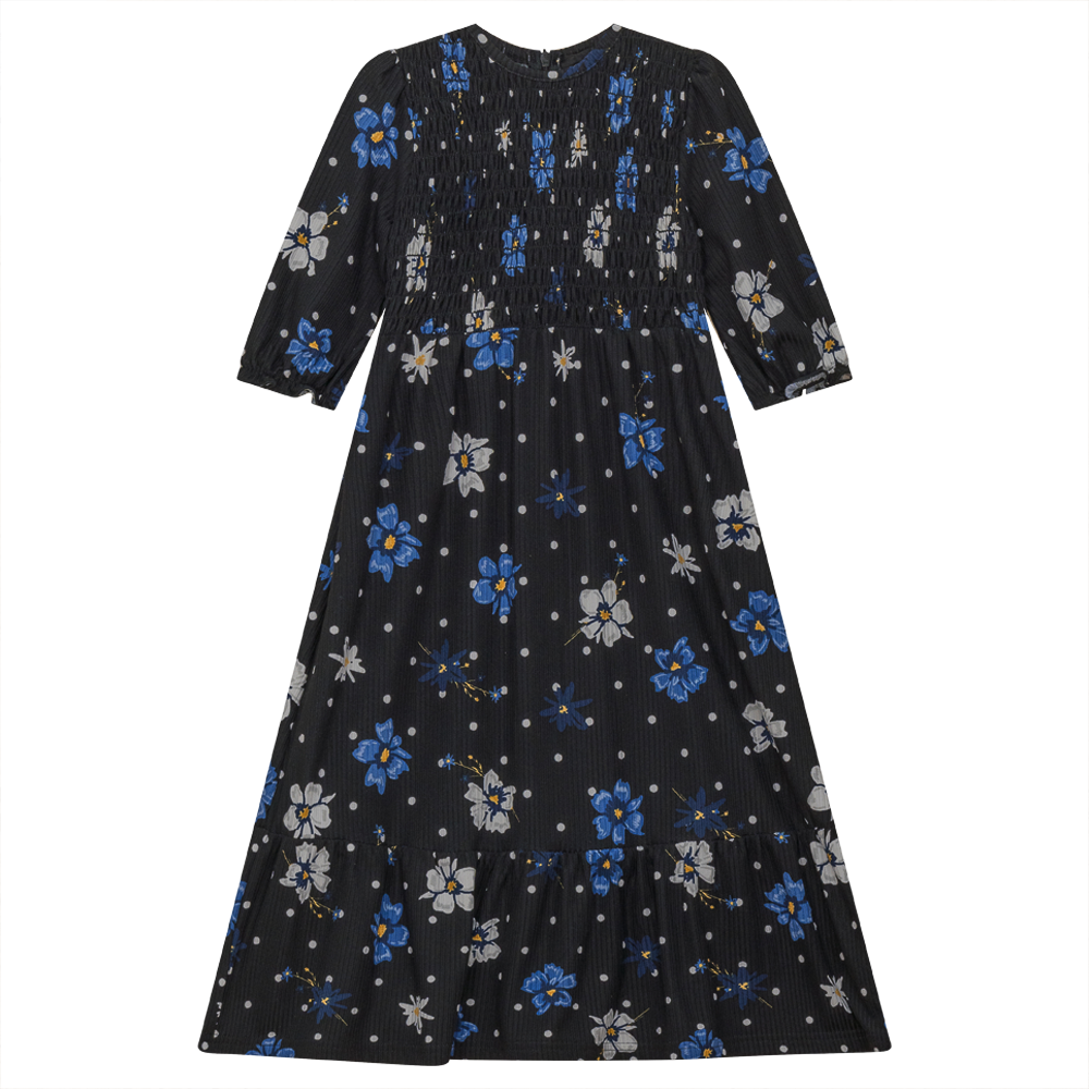 Smoked Tone on Tone Dress Black Blue Floral