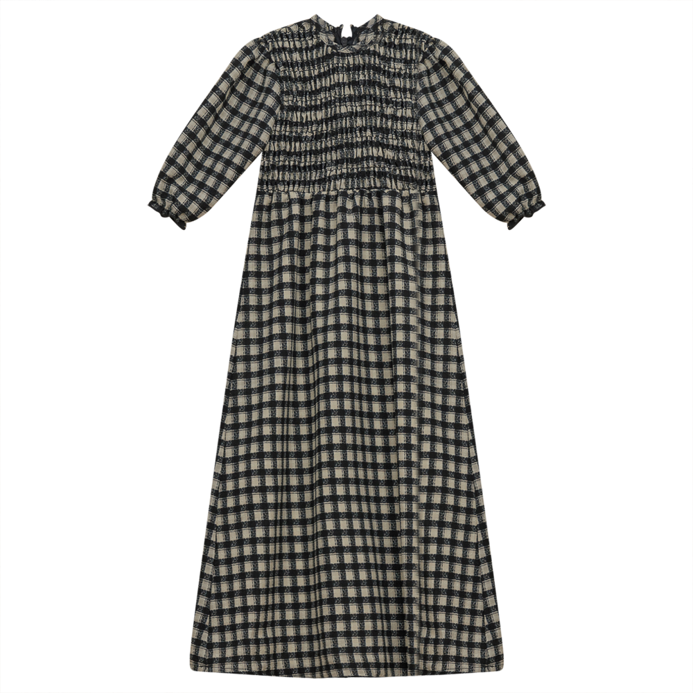 Smocked Long Dress BLACK PRINT