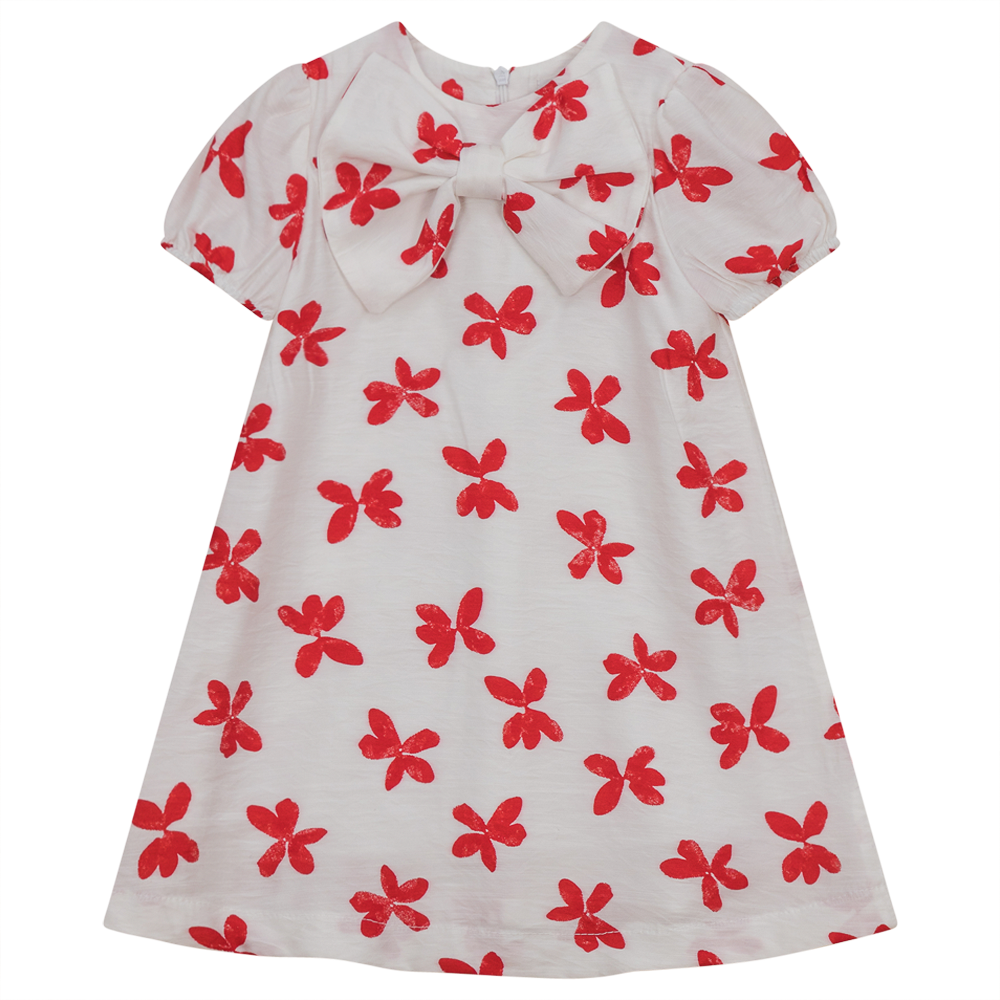Flower Print Dress With Front Bow White Floral