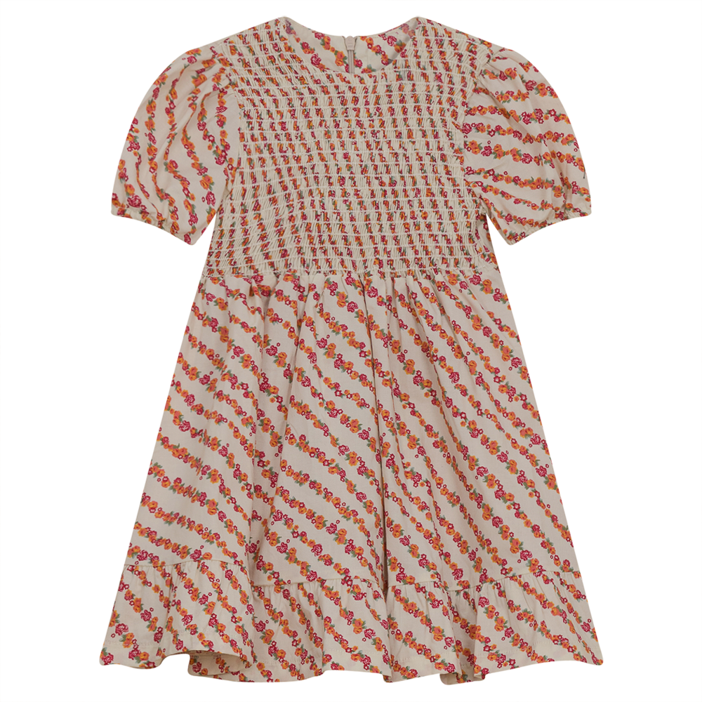 Smocking Floral Dress RED ORANGE FLORAL