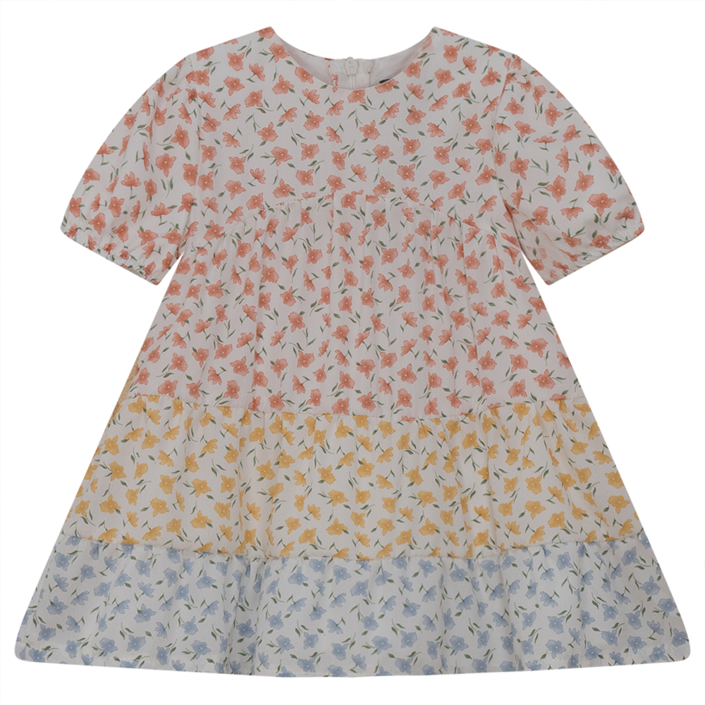 Three Tiered Floral Dress Rust Yellow Blue