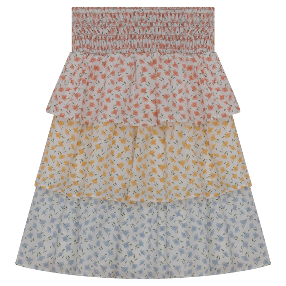 Three Tiered Floral Skirt Rust Yellow Blue