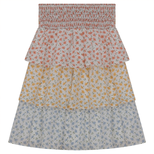Three Tiered Floral Skirt Rust Yellow Blue