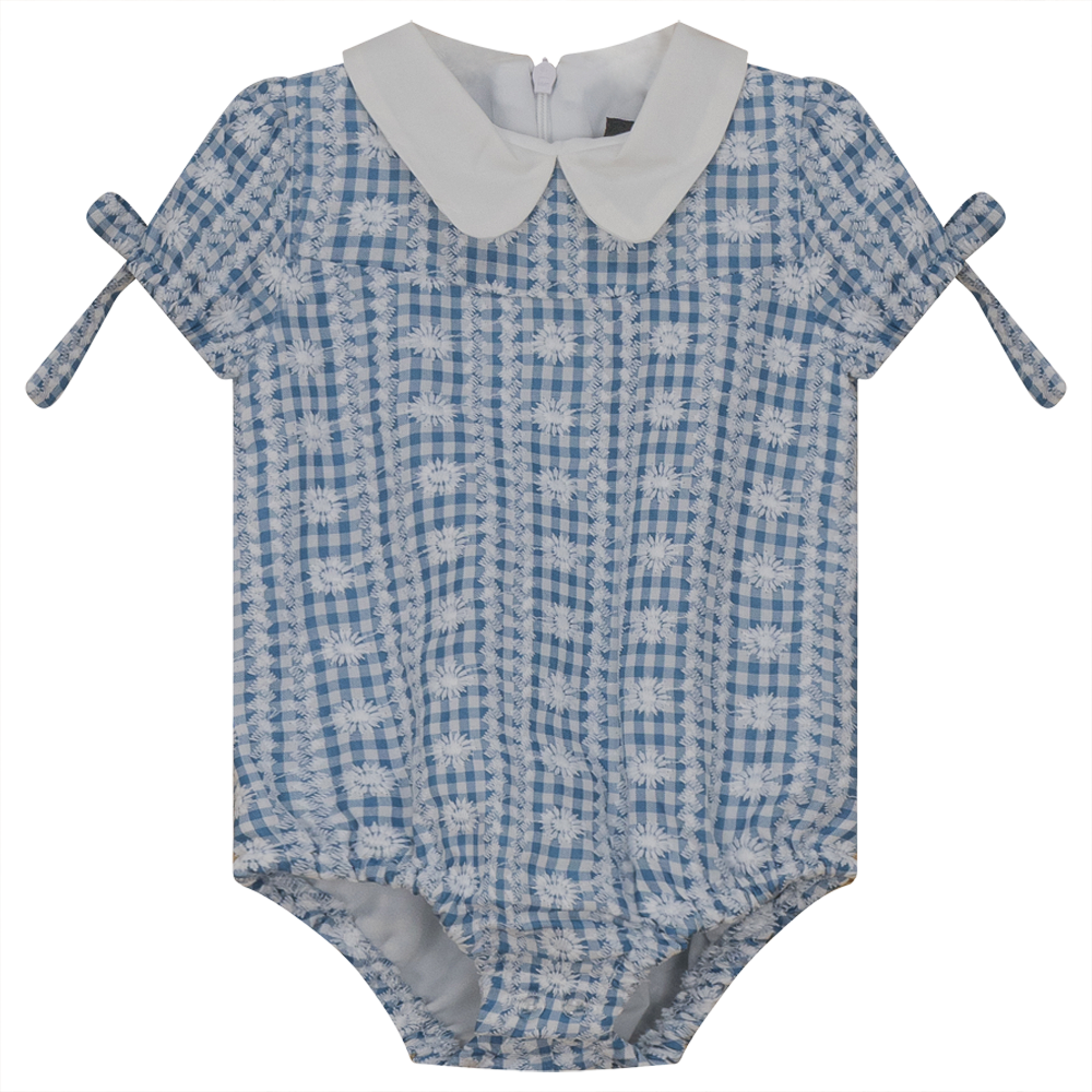 Embroided Gingham Romper With White Contrast Collar Blue Print