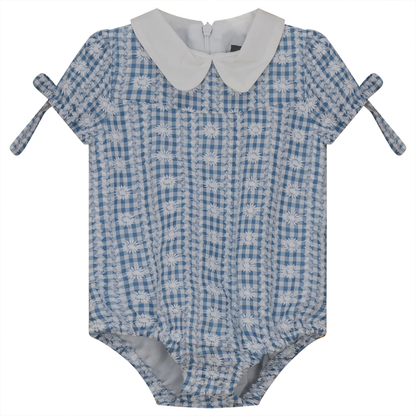 Embroided Gingham Romper With White Contrast Collar