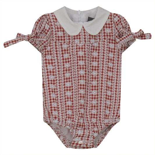 Embroided Gingham Romper With White Contrast Collar Rust Print