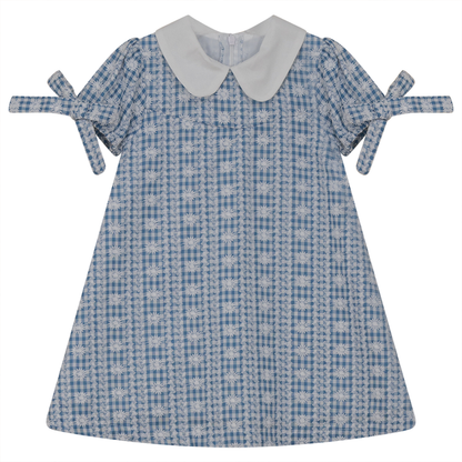 Embroided Gingham Dress Blue Print