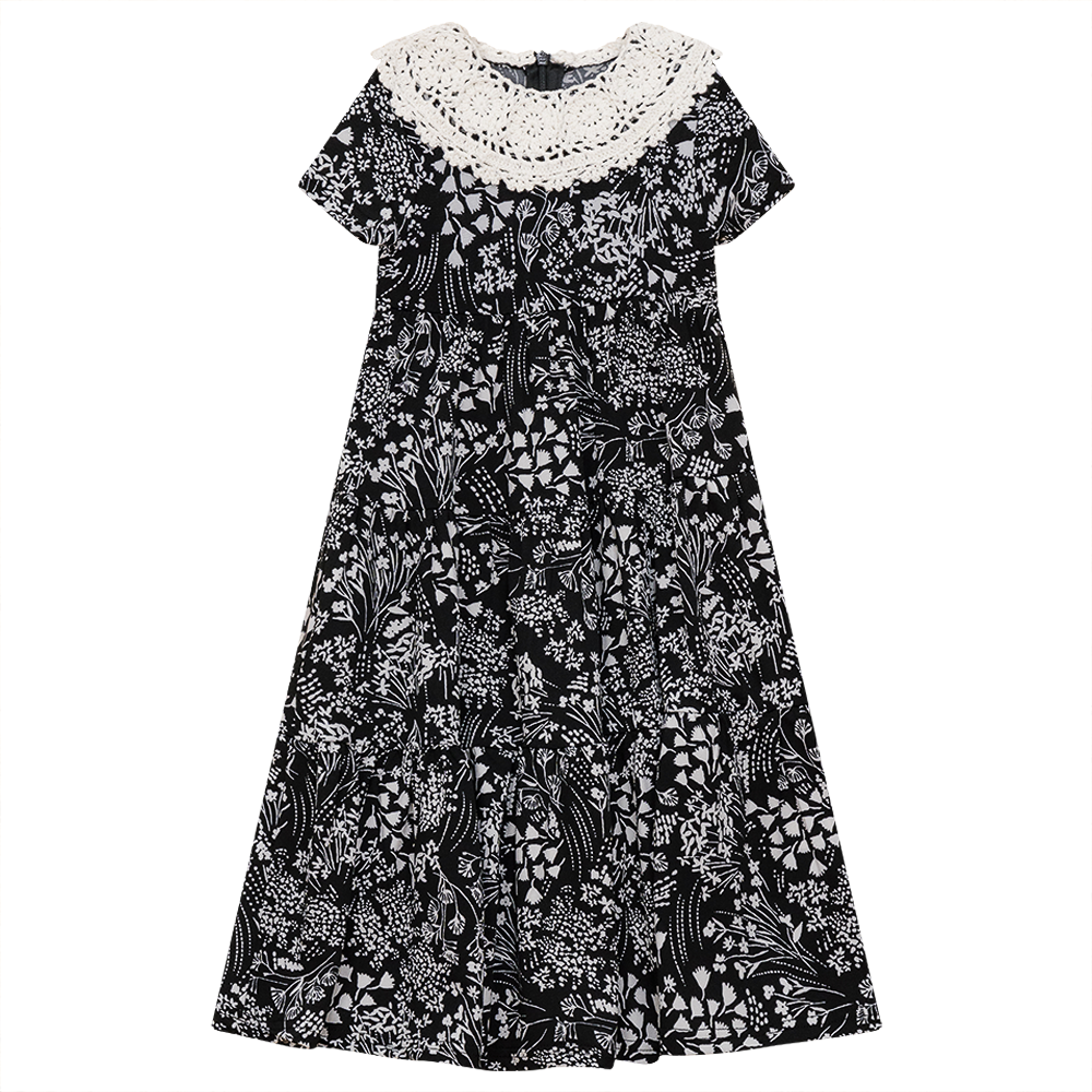 Floral Print Dress with Lace Collar Black Floral