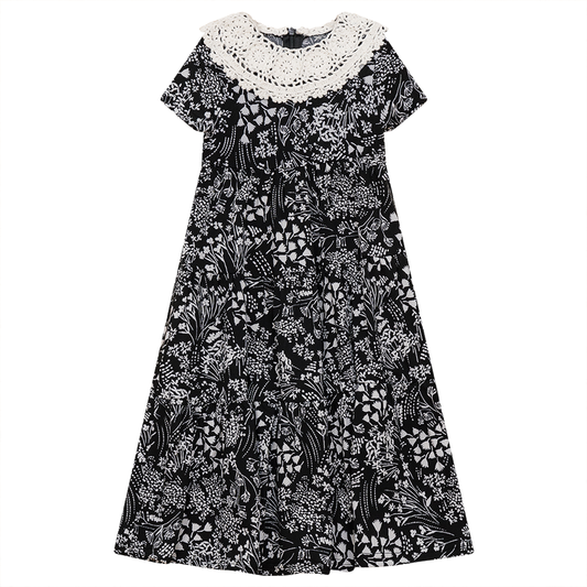 Floral Print Dress with Lace Collar Black Floral