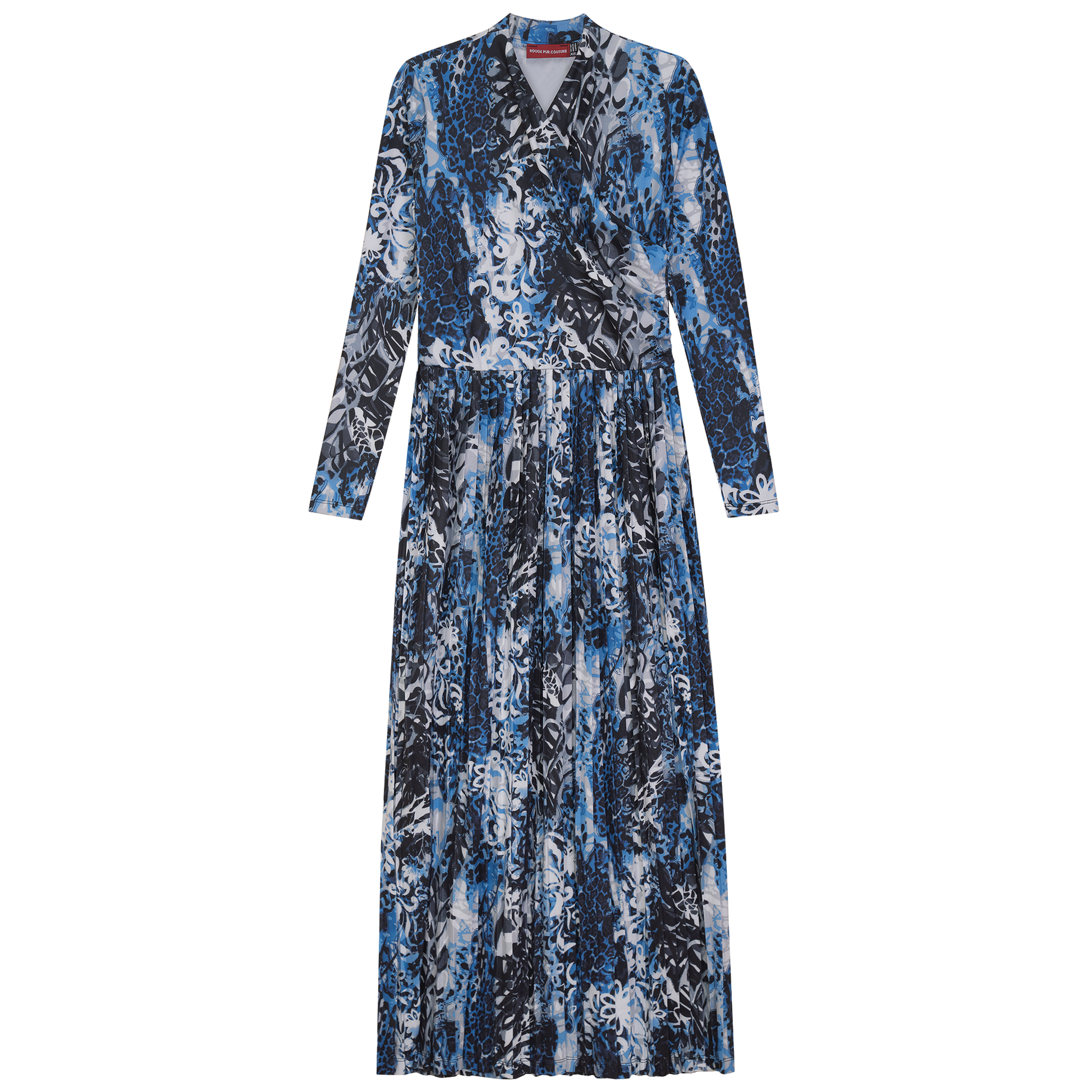 Printed Pleated Wrap Dress BLACK WHITE BLUE