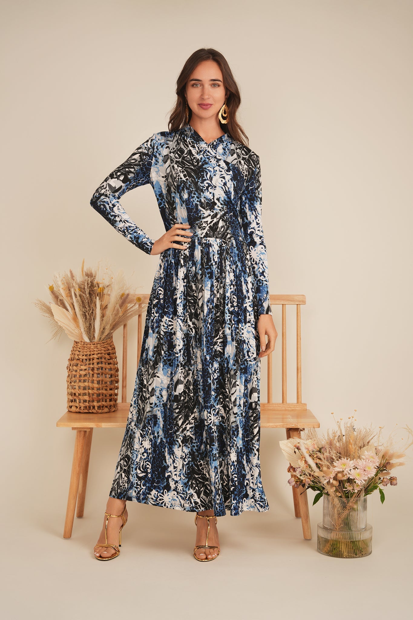 Printed Pleated Wrap Dress