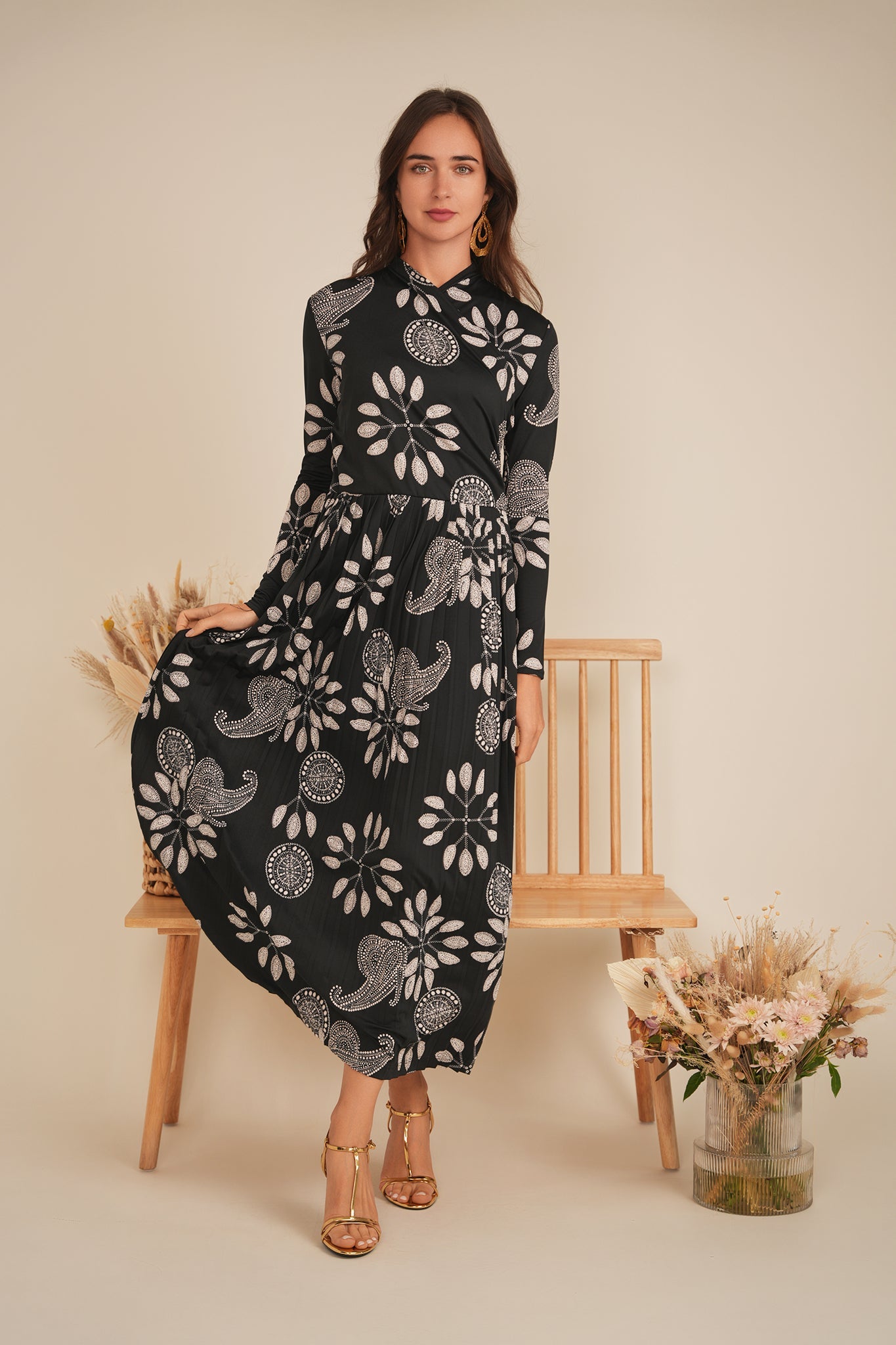 Printed Pleated Wrap Dress