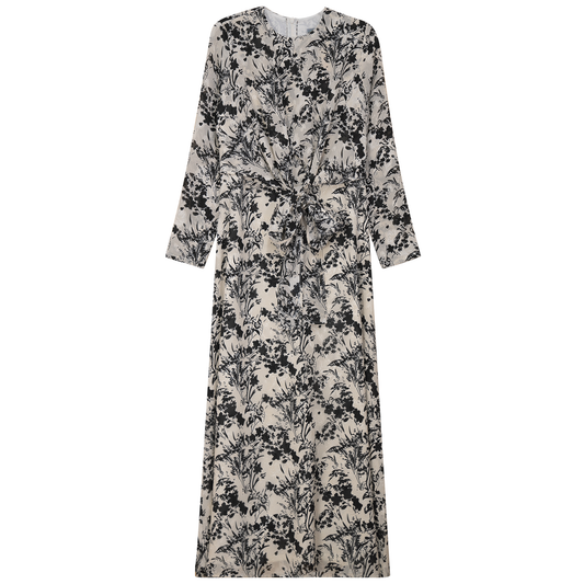 Printed Woven Tie Dress Off White Black