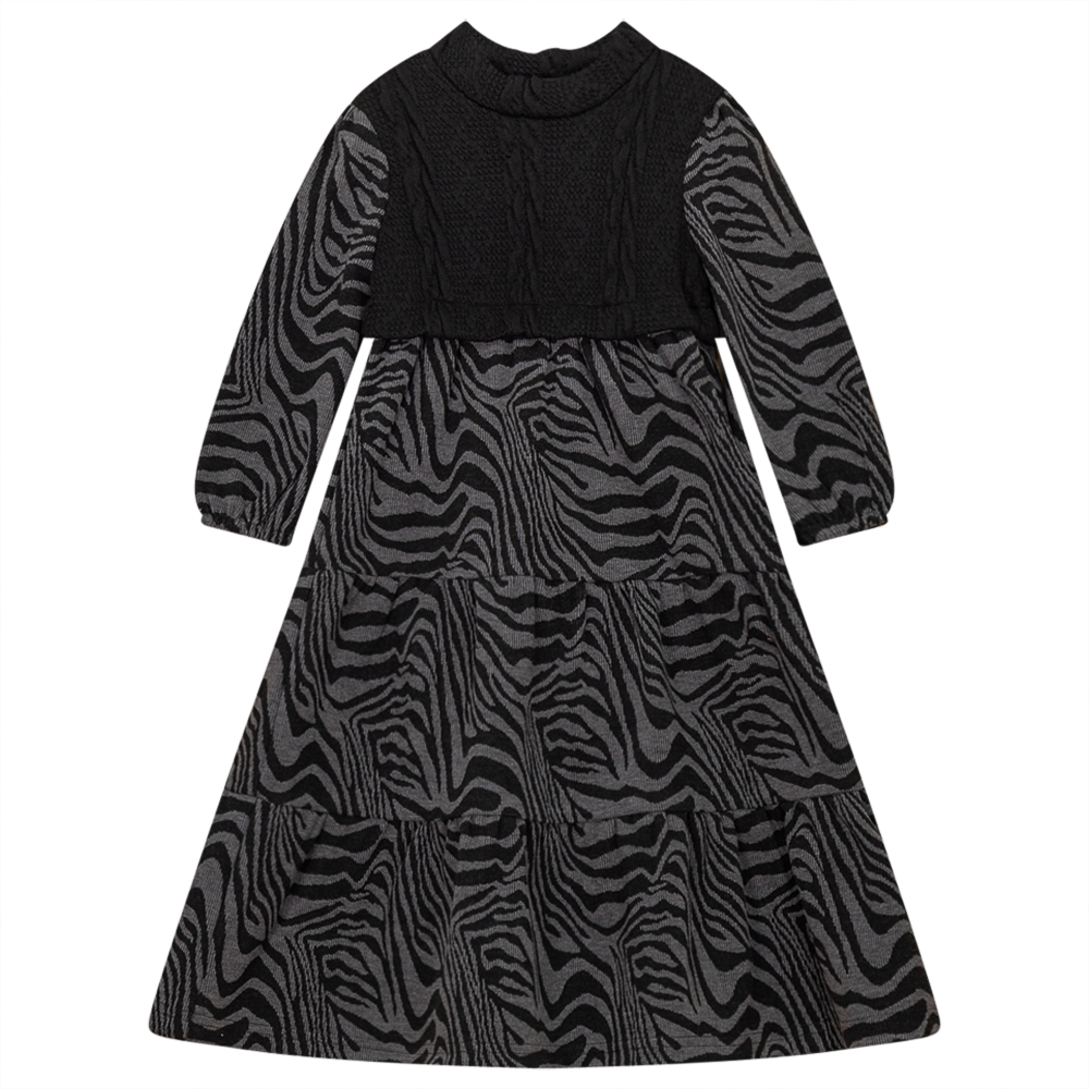 Abstract Print Tiered Dress With Knit Vest Grey Black