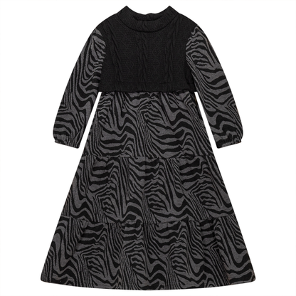 Abstract Print Tiered Dress With Knit Vest