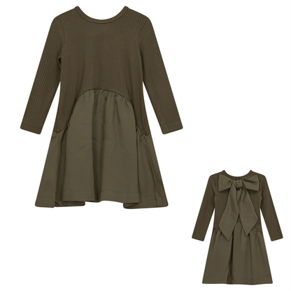 Shirred Ruffle Big Bow Dress Olive