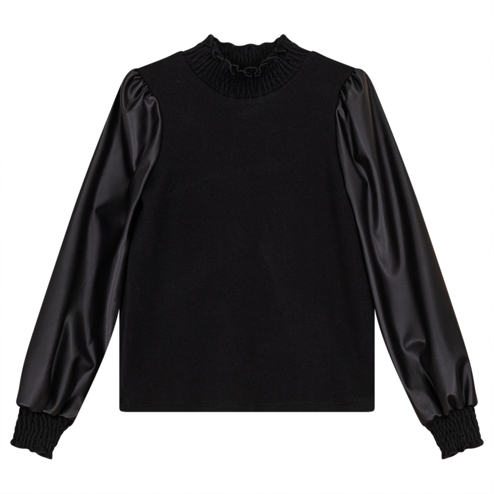 Velour Top With Leather Sleeves Black