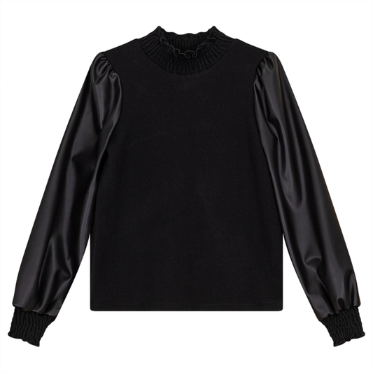 Velour Top With Leather Sleeves Black