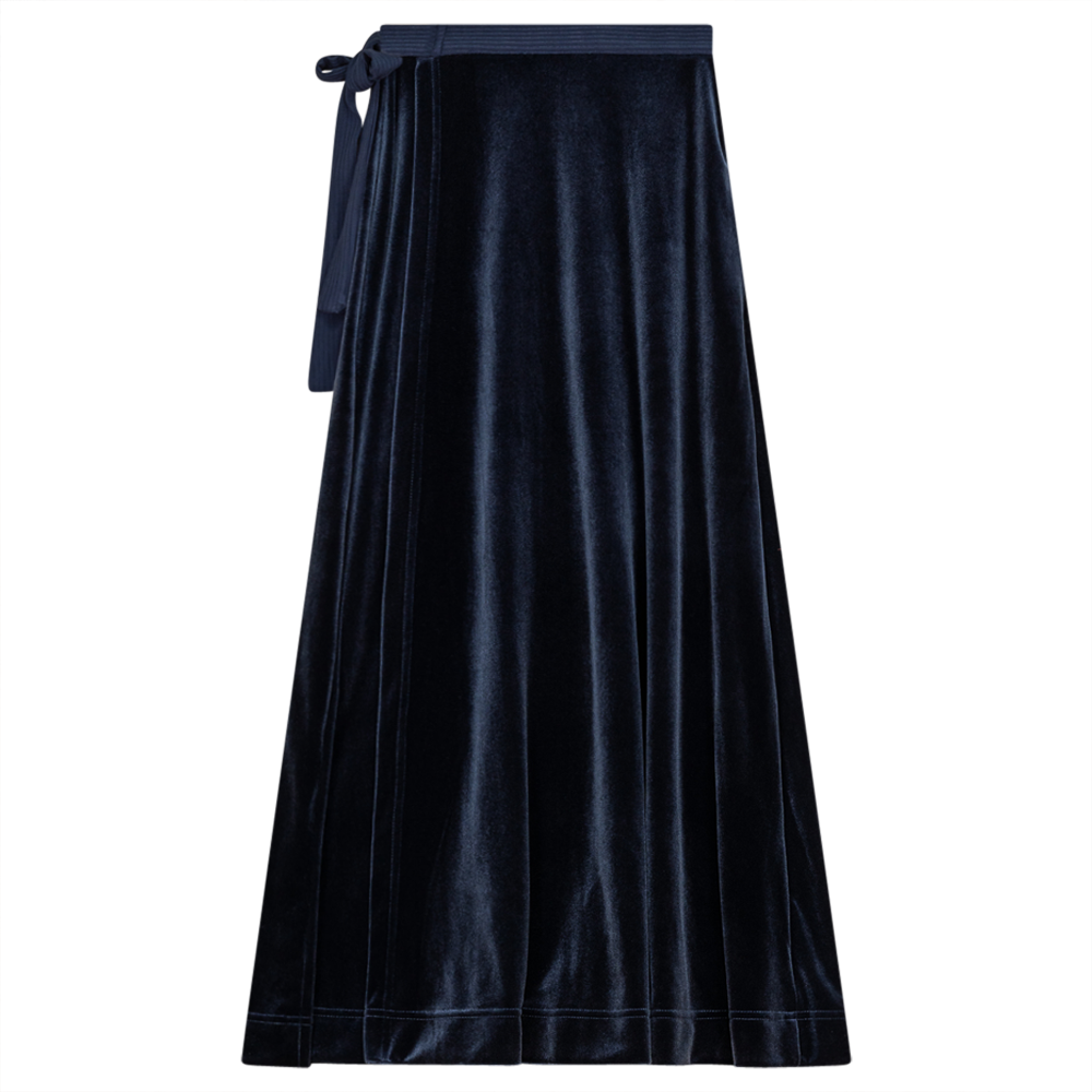 Wrap Velour Long Skirt Blue
